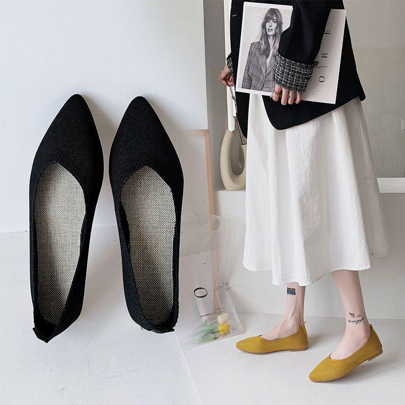Жіноче взуття Весняно-літнє в'язане односпальне взуття з гострим низом, дихаюче взуття з квасолею, м'яке взуття з неглибоким ротом