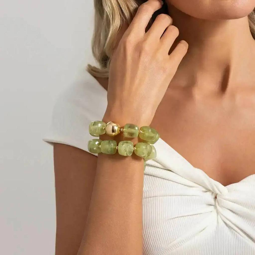 SHIXIN Exaggerated Geometric Colorful Beaded Acrylic Elastic Bracelets Women Boho Trendy Square Beads Stack Bangle Retro Jewelry
