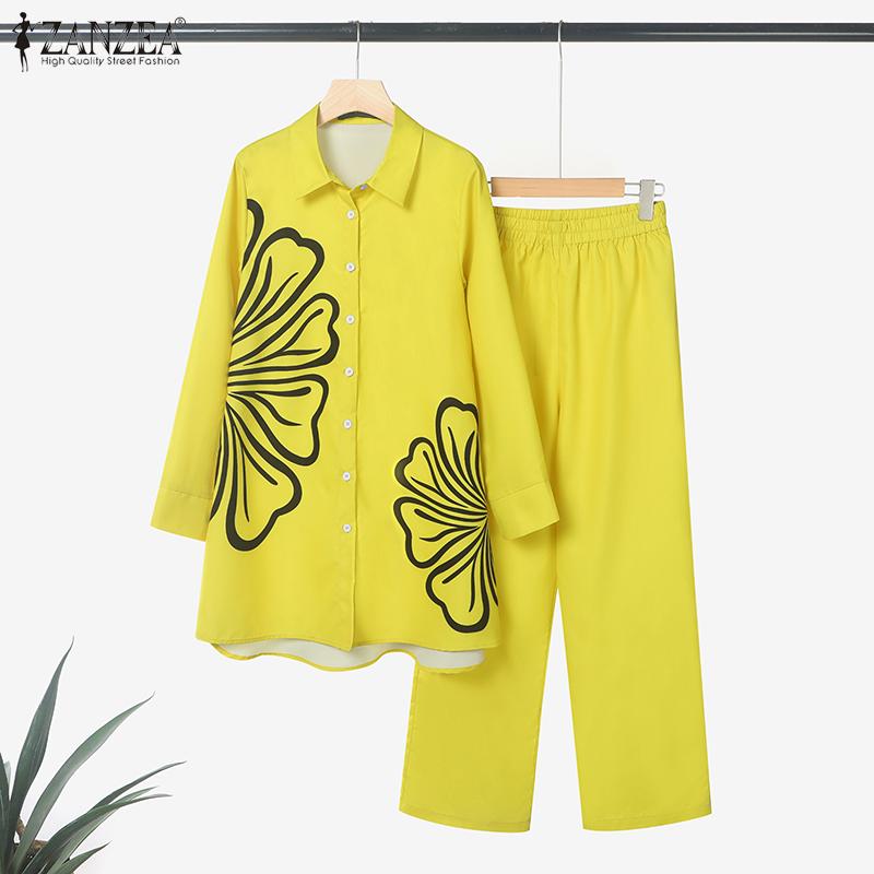 ZANZEA Women Long Sleeve Print Blouse and Pants Casual Two Piece Suit Sets