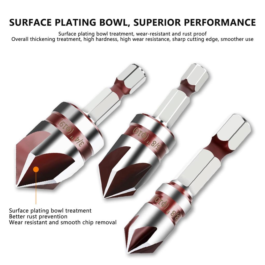 5Pcs 82 Degree Countersink Drill Bit Set Hex Shank 5 Flute for Metal Wood Hex Shank Countersink Bits