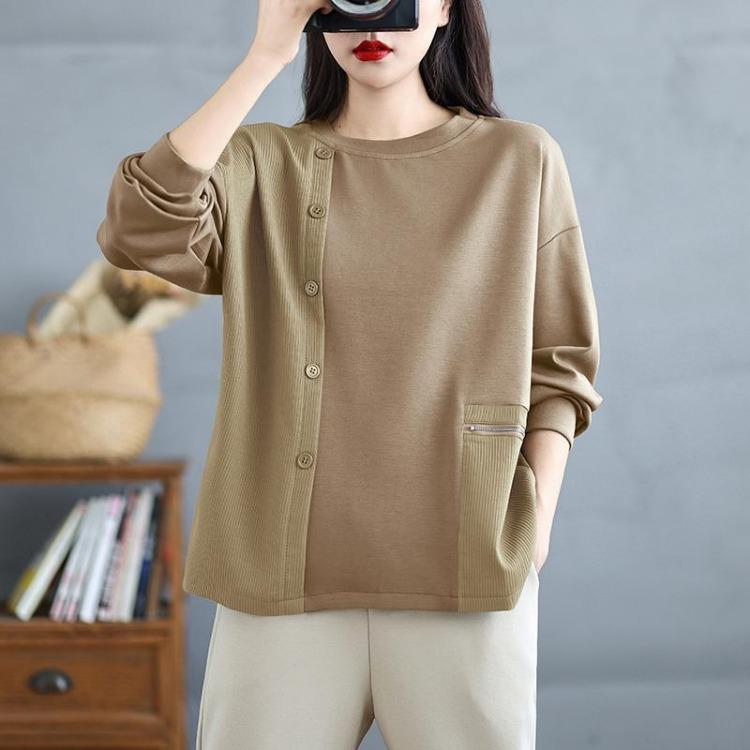 Nowa Casualowa Koszulka Plus Size Wiosna Damska Podstawowy Sweter z Okrągłym Dekoltem Długi Rękaw Luźny Jednolity Top z Zamkiem Błyskawicznym i Guzikiem