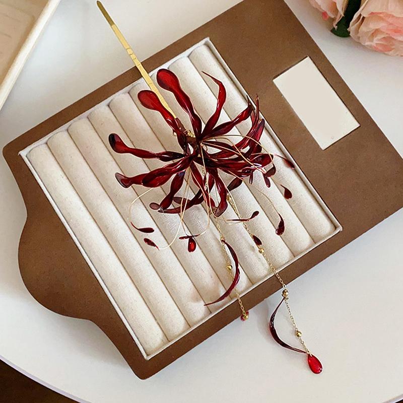 

Заколки для волос в китайском стиле с цветком лилии-паука и кисточкой, покрытые капающей эмалью, винтажные палочки для волос ханьфу красный