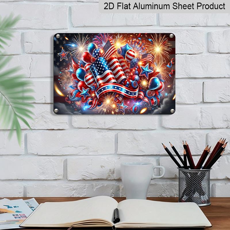 2D Flat, 1pc Patriotic Celebration Plaque, 12"×8" - Fireworks & Balloons Decor Sign, Red White & Blue - Aluminium Wall Hanging Decoration for