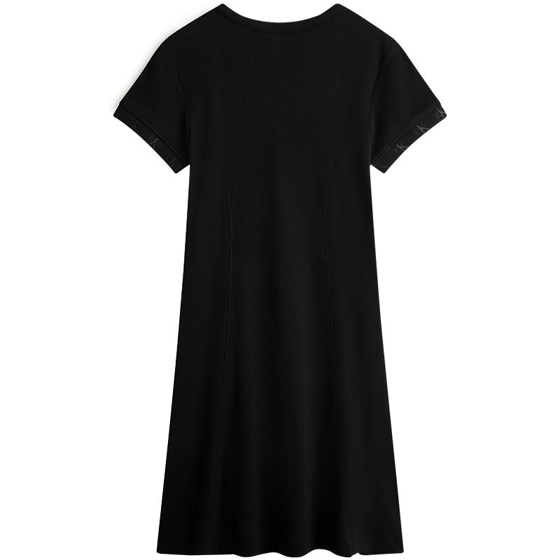 Calvin Klein Solid Color Ribbed Jacquard Round Neck Short Sleeve Dress Women Dresses Space-Black J221674-BEH