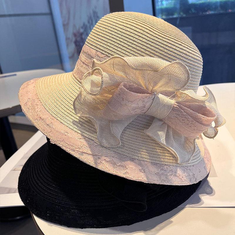 French elegant lace bow straw hat women's spring and summer sun protection sun hat big brim seaside vacation photo top hat