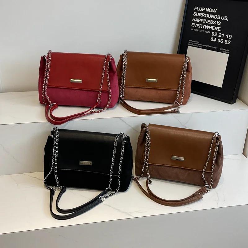 Fashionable PU and Faux Suede Solid Chains Sweet Shoulder Bags High Quality Warm Retro Simple Crossbody Bags for Women