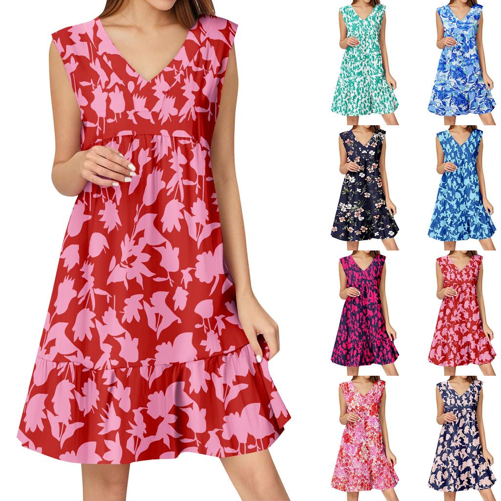 Abito Estivo da Donna Senza Maniche Scollo a V Stampa Abiti Corti Moda Casual Fluido Boho Volant A Linea Svasato Prendisole
