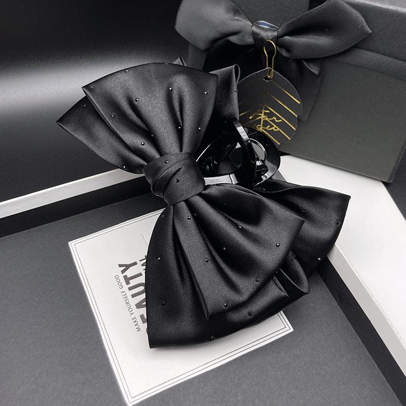 

High-end fashion temperament black satin bow large hairpin for women new back head hairpin shark gripper