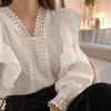 Korean-French Lace V-Neck Ruffle Puff Sleeve Blouse
