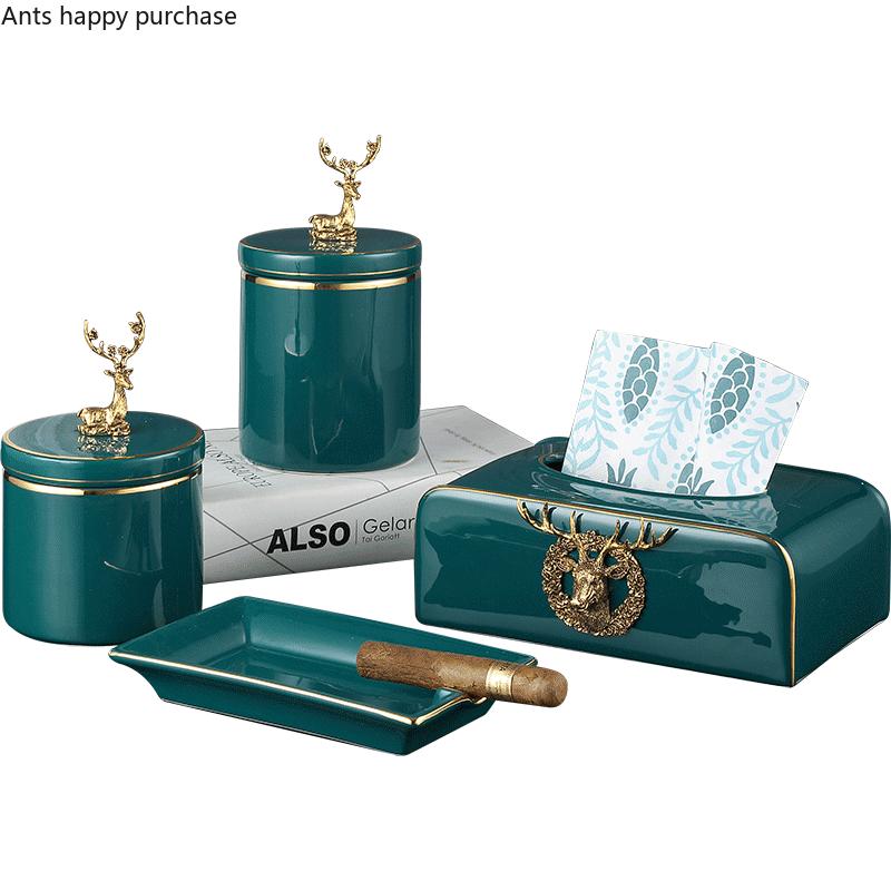 Ceramic Jar Storage Tank with Deer Cover Candy Jar Cotton Swab Box Food Container Snack Box Home Desktop Organizer Tissue Box