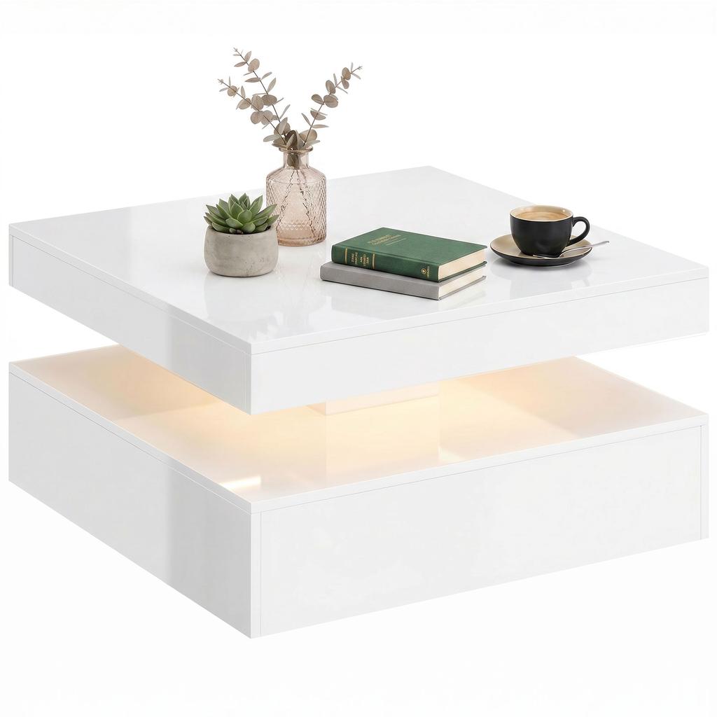 LED-Couchtisch mit Stauraum, 2-stufiger moderner Mitteltisch mit offenem Fach und Fernbedienung für das Wohnzimmer, Hochglanz Weiß