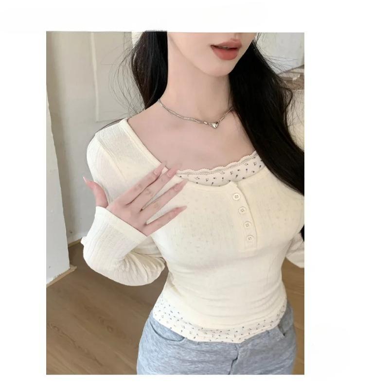Camiseta de Manga Larga para Mujer Primavera y Otoño Estilo Francés Ajustada Ropa de Mujer con Falso Dos Encaje Y2k