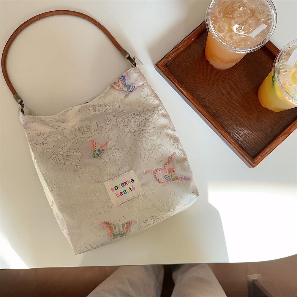 

Jacquard Butterfly Handbag Bag Cowhide Shoulder Strap Retro Underarm Shoulder Bag Premium Sense Hand Carry Small Square Bag бежевый