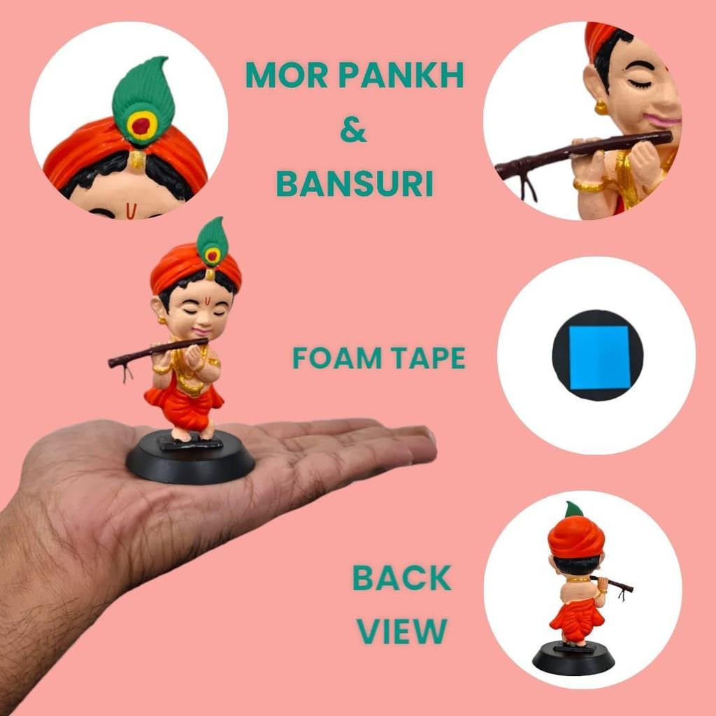 Lord Shree Krishna Ji Idol for Car Dashboard In Orange Clothes, Office Table,Home Decor| Little Mor Pankh & Bansuri Figurin| God Statue for Gifting