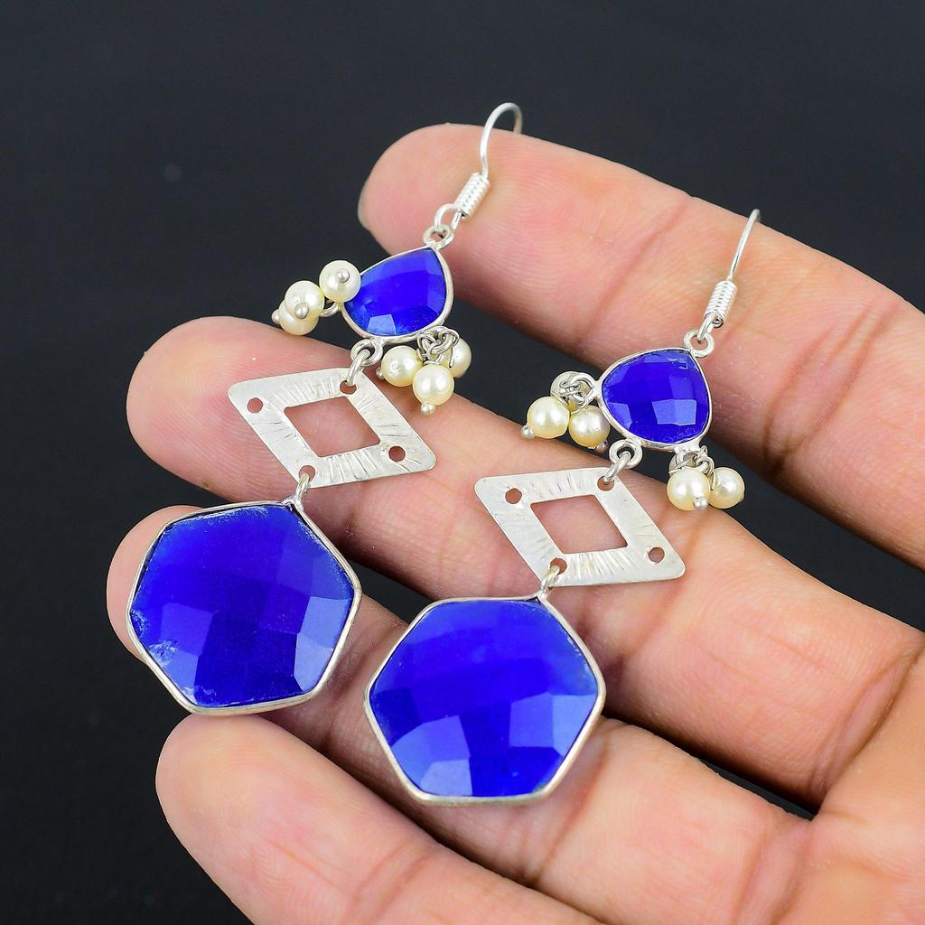 Freundschaftstag Sale Blauer Saphir Stein 925 Silber Neue Hängeohrringe Schmuck