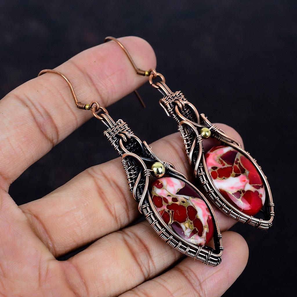 Kingman Red Mohave Copper Turquoise Earring Copper Wire Wrapped Gemstone Jewelry Handmade Earring Copper Wire Wrap Earrings Engagement Gifts