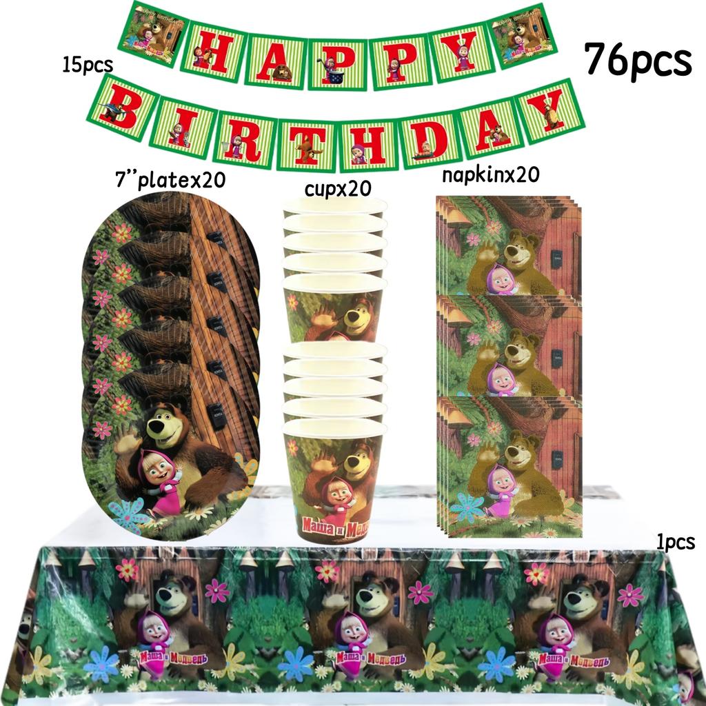 Dívka a medvěd Narozeninová sada Party dekorace Narozeninové talíře Ubrus Ubrousky Dárková taška Oslava pro miminko Party drobnosti Potřeby