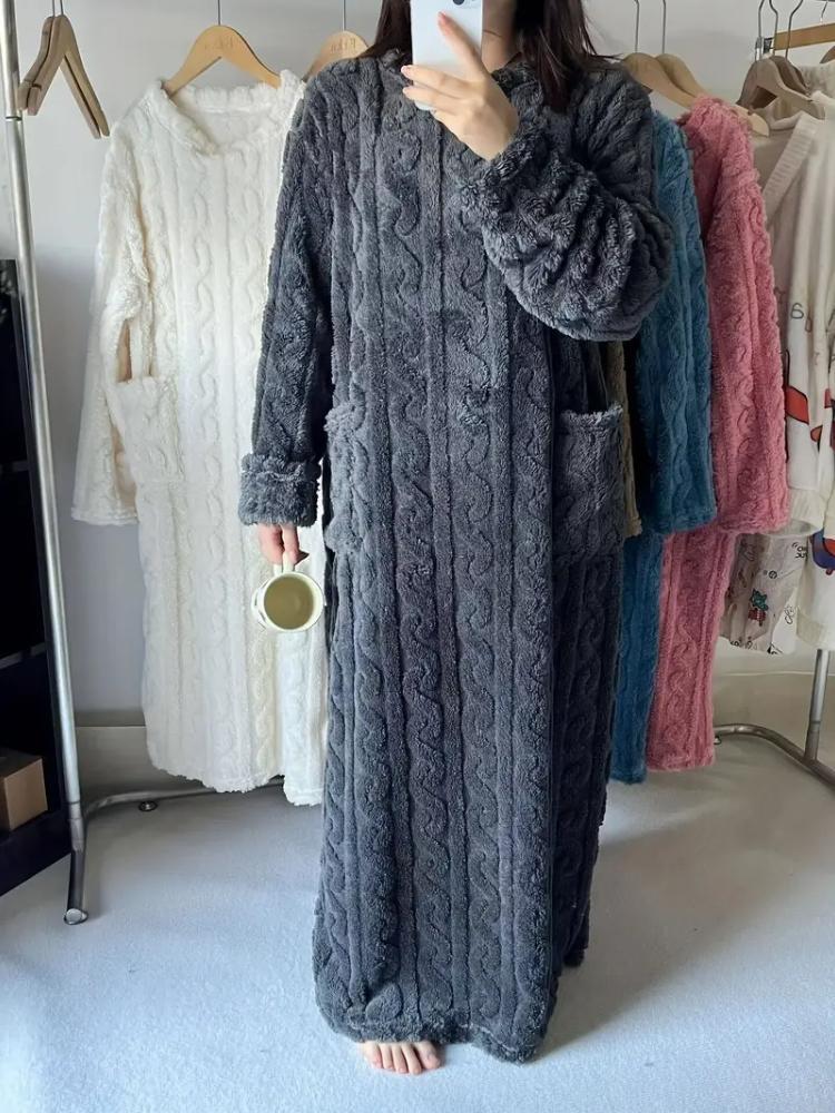 

Женская ночная рубашка с длинным рукавом из кораллового флиса - Утепленная, плотная, зимняя, теплая пижама-халат с карманами, плюшевая, мягкая, удобная, прочная ночная сорочка L темно серый