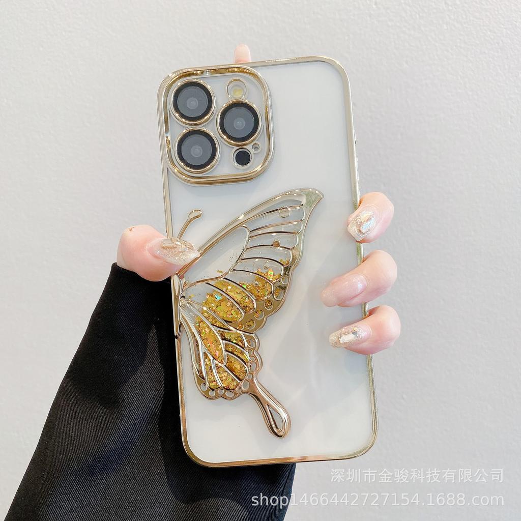 3D Flowing Sand Butterfly Apple 15 Phone Case 14 Pro with Lens Protector Compatible with iPhone 16 Electroplated TPU Soft Case