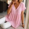 Summer new women's casual loose fashionable cotton and linen short-sleeved solid color V-neck pullover pleated top