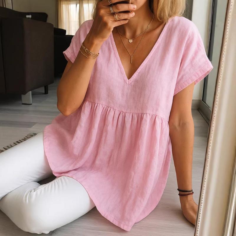 Summer new women's casual loose fashionable cotton and linen short-sleeved solid color V-neck pullover pleated top