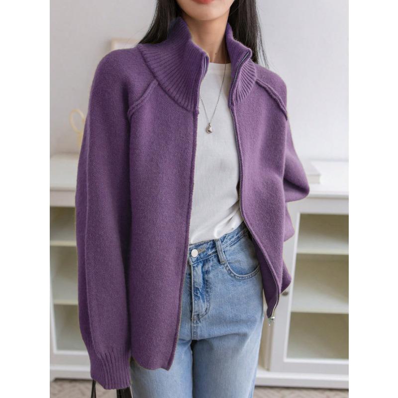 Sweater Coat Women's Autumn Winter New Korean Style Solid Color Stand Collar Zipper Knitted Cardigan Top
