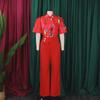 D341 European/American Summer Printed Stand-Up Collar Long Sleeve Shirt & Wide-Leg Pants Two-Piece Fashion Suit