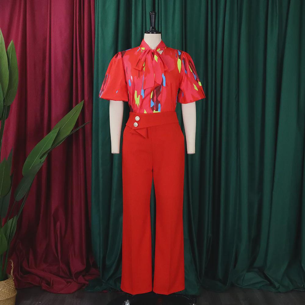 D341 European/American Summer Printed Stand-Up Collar Long Sleeve Shirt & Wide-Leg Pants Two-Piece Fashion Suit