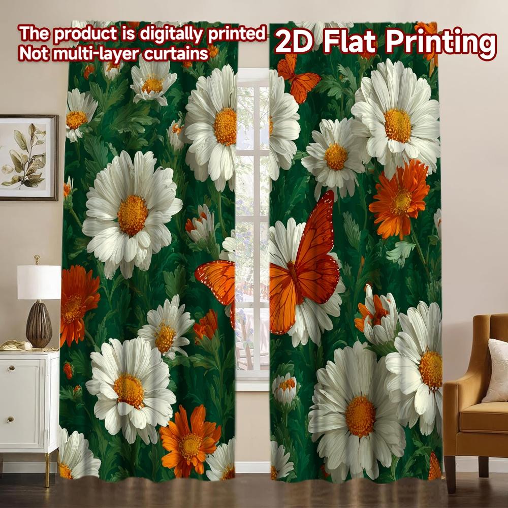 

2D FLAT PRINTING 2pcs Curtains (Without Rod) Spring Flora and Butterflies Popular Fashionable Curtains Polyester Easy Install 100*130 Rod Pocket 1pcs