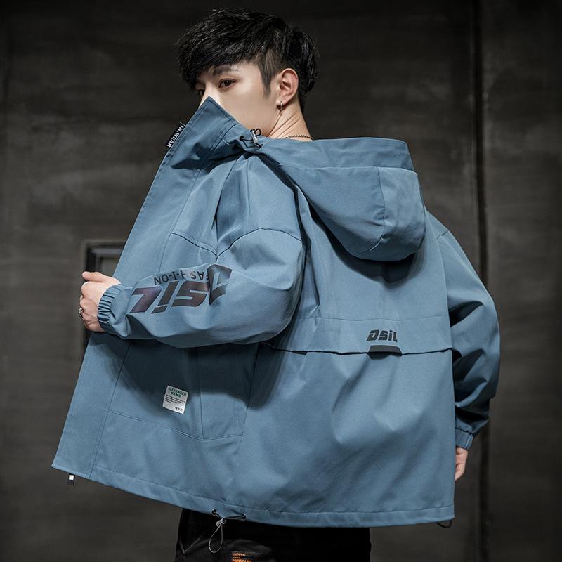 

Spring and autumn hooded fake two-piece men s coat contrasting color splicing versatile trench coat casual fashion American washable jacket 4XL