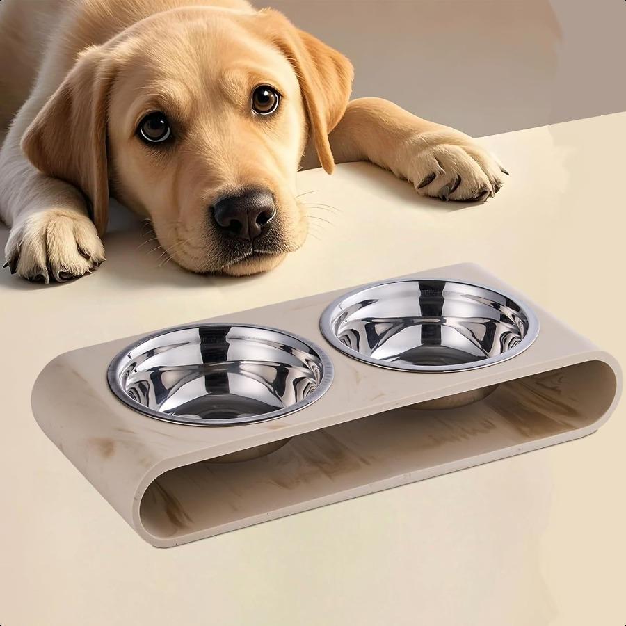 Beige Marble Elevated Dog Bowls Set 2 Thick 6 Stainl Steel Puppy Food Bowl with NonSlip Raised Holder Stand Double Feeding Bowl