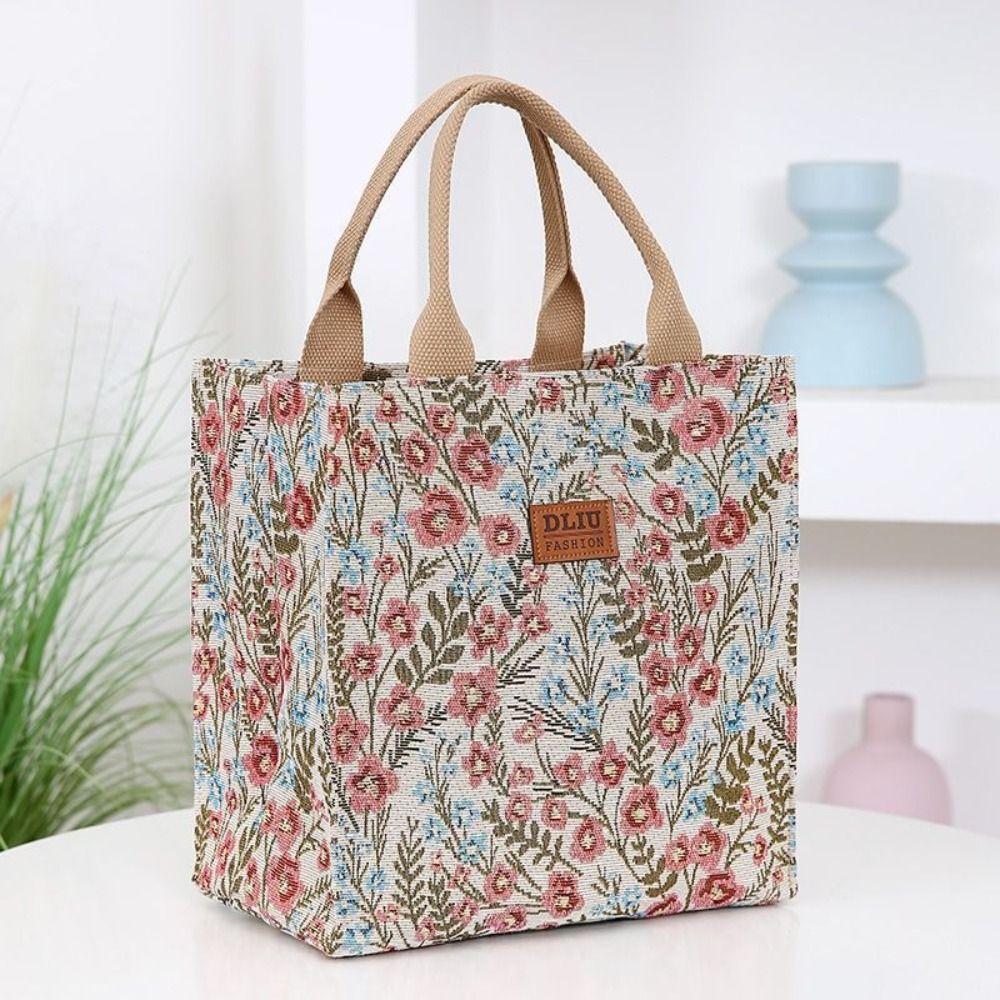 Aesthetic Floral Print Lunch Bag Insulated Large Capacity Lunch Bag Thermal Cooler Handbag For School Work Travel Picnic