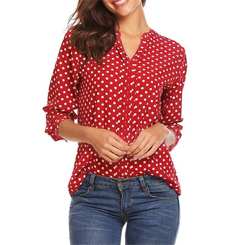 Spring and Autumn Women's Plus Size Shirt Dot Printed V-Neck Long Sleeve Pull Sleeve Loose Blouse