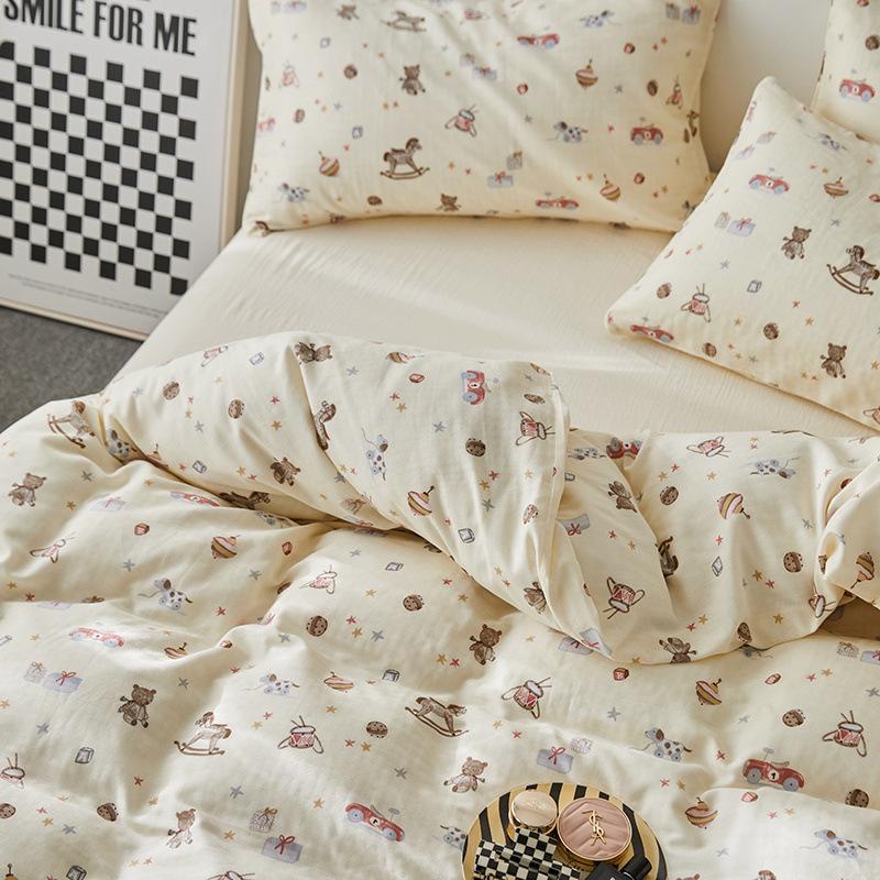 Ensemble de quatre pièces en pur coton à double fil de qualité maternelle et infantile de catégorie A, ensemble de quatre pièces en coton de style crème, drap de lit et housse de couette