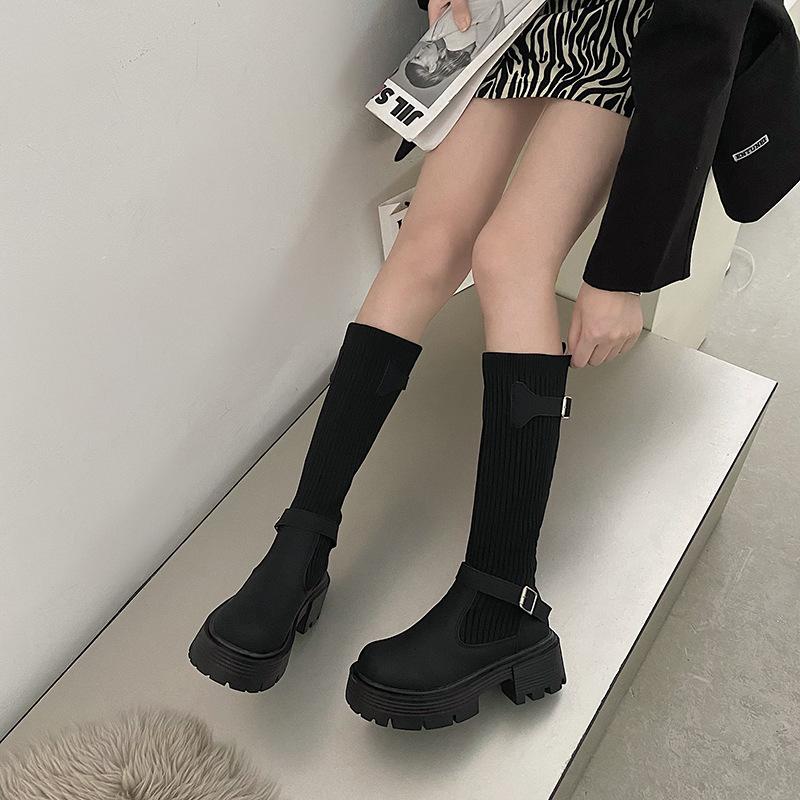 Módní dámské dlouhé boty Nové pletené elastické boty Retro dámské vysoké boty na silné podrážce Boty ke kolenům Elegantní boty a dámské boty