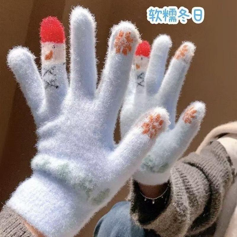 Winter all-inclusive five-finger gloves, cute snowman knitted thickened warm cycling cold-proof cotton gloves