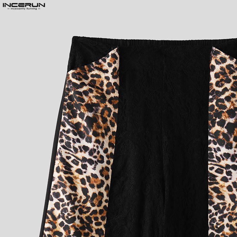 INCERUN Men's Leopard Print Patchwork Elastic Waist Trousers Streetwear Casual Wide Leg Loose Pants