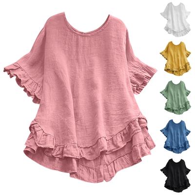 Women's Cotton And Linen Solid Color Loose Ruffled Edge Short Sleeved Button Up Shirt