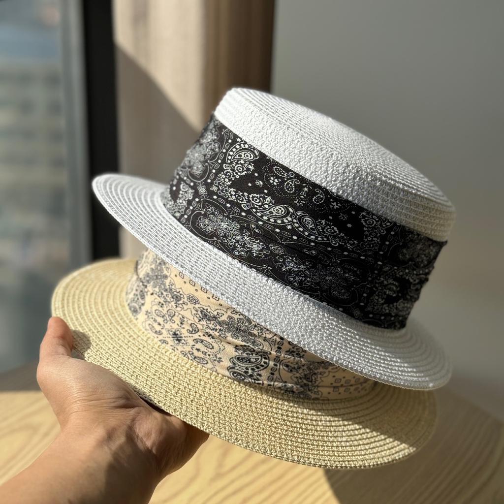 Elegant Retro Straw Hat Women's Summer Sun Protection Hat Printed Sun Hat Vacation Straw Top Hat