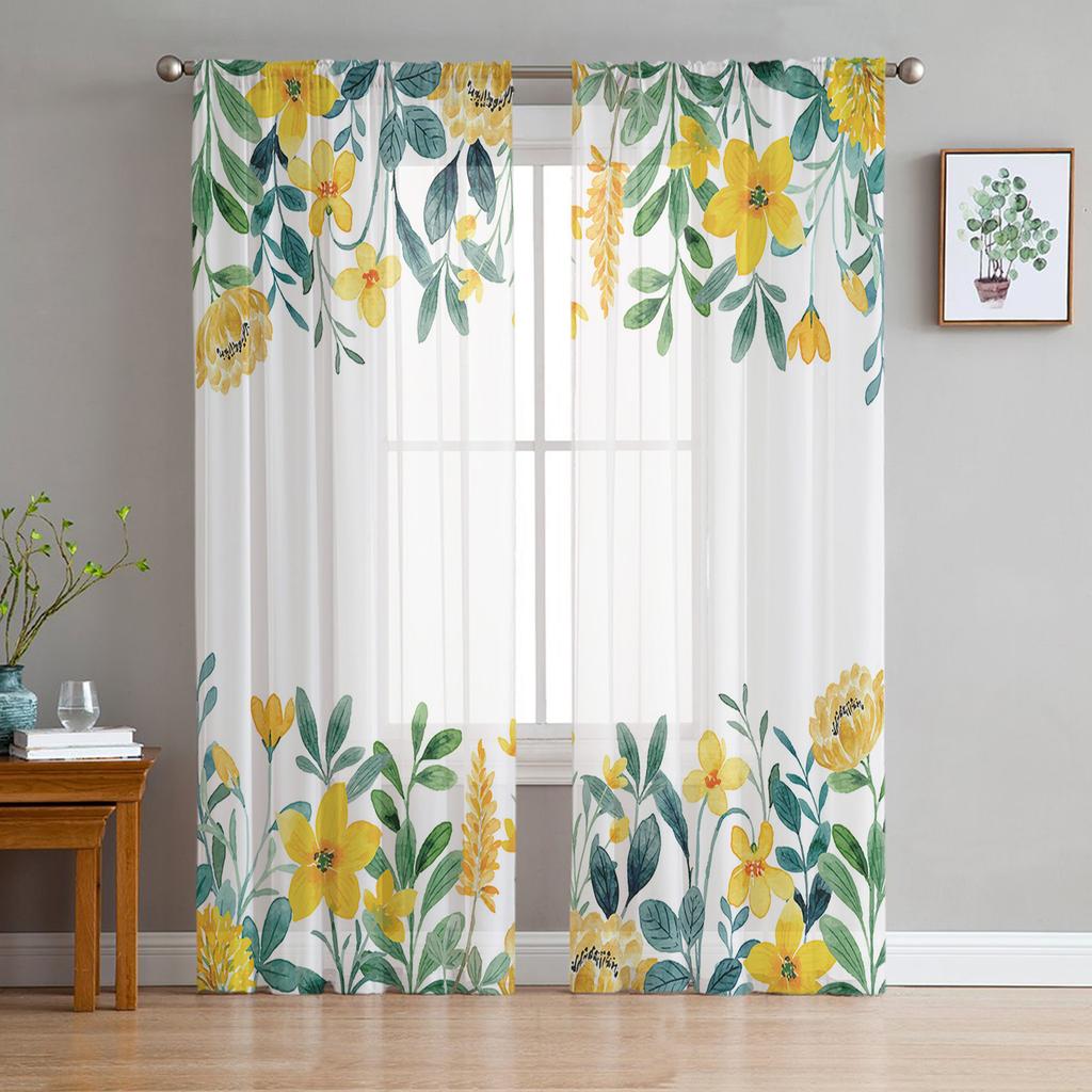 Transparente Vorhänge für Jugendzimmer, Aquarellblumen, farbenfrohe Vorhänge für Küche, Arbeitszimmer, Wohnzimmer, Urlaubsdeko, Tüllvorhänge