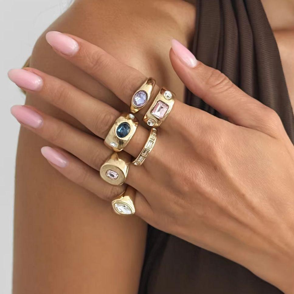 KunJoe 6Pcs/Set Vintage Punk Metal Gold Color Rings Woman Exquisite Glass Rhinestone Adjustable Wide Ring Aesthetic Jewelry Gift