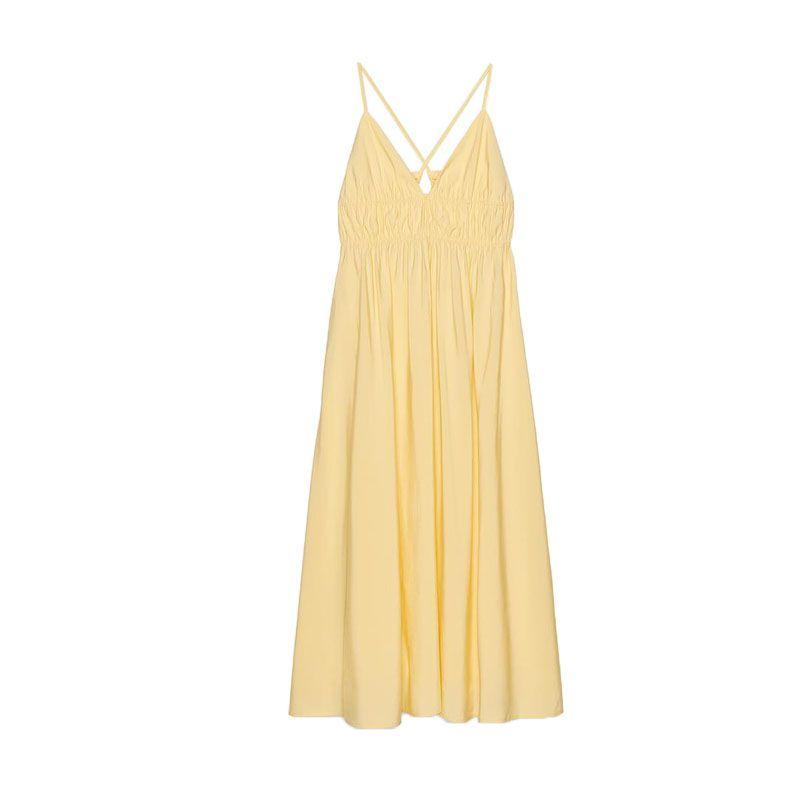 

Summer New Women clothes Seaside Stretch Detail Decoration Drape V-neck Sling Midi Dress 4772365 Yellow L