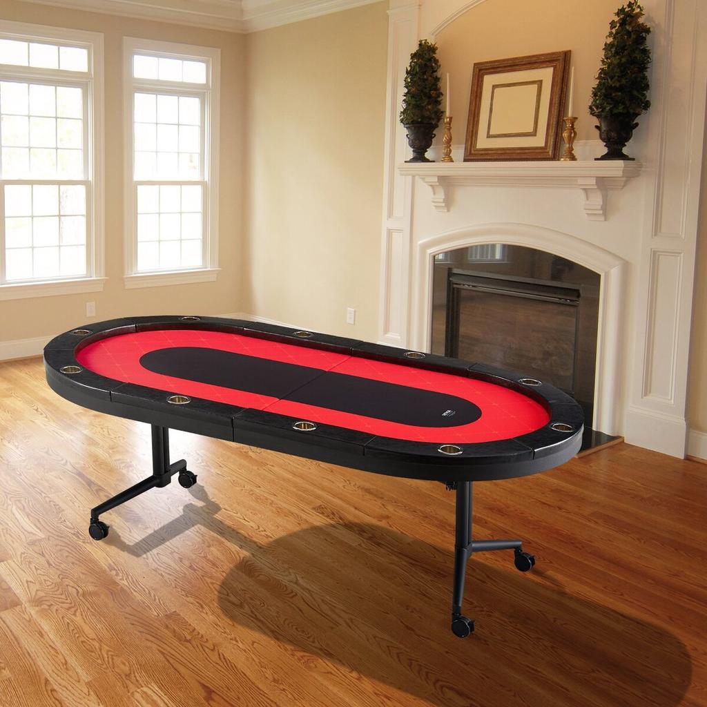 10 Player Foldable Poker Table, Blackjack Texas Holdem Poker Table with Padded Rails and Stainless Steel Cup Holders, Portable Folding Card Board Game