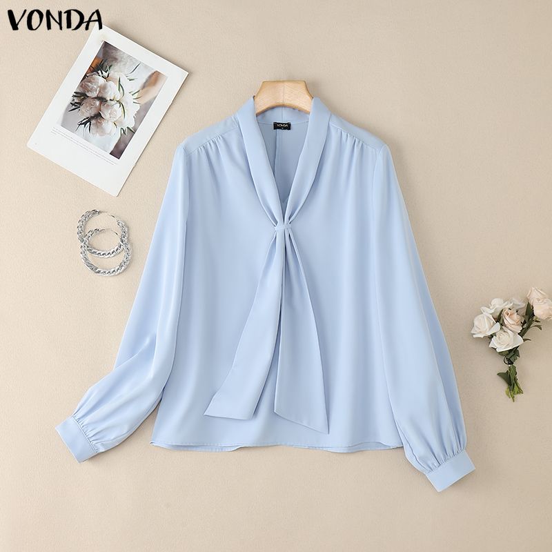 VONDA Womens Casual Tie Up V Neck Long Sleeve Casual Office Shirts Blouse
