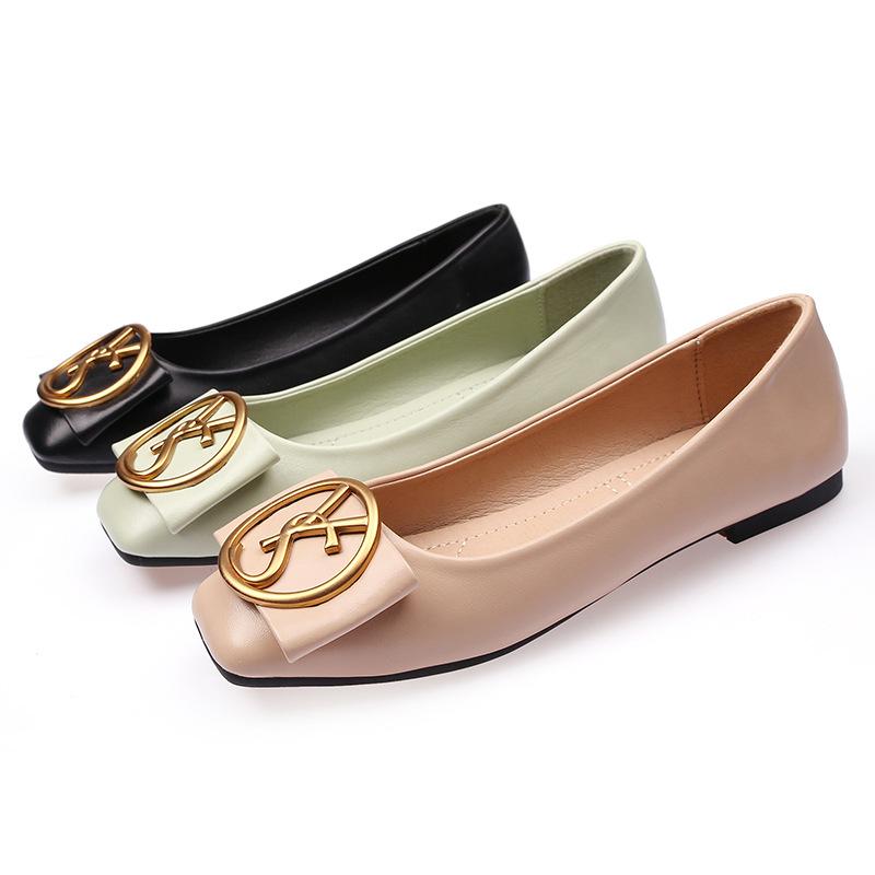 Fashion Spring Shallow Square Toe Flats Casual Shoes Women Metal Letters Slip Comfort Shoes Black for Lady Flat Shoes Largr Size 43 44
