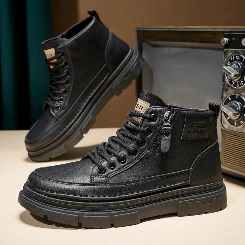 Fashion Casual Shoes for Men Outdoor Leather Board Shoes Comfortable Platform Ankle Short Boots Slip on Male Walking Sneakers