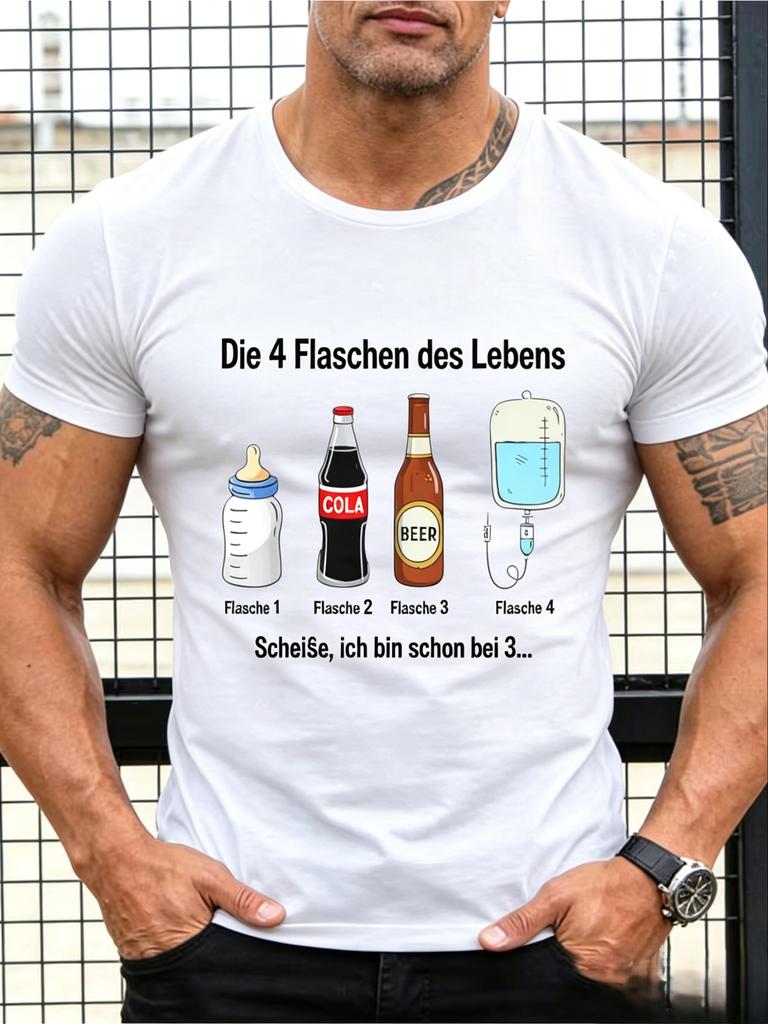 Unisex Black Tee Four Bottles Life Gerunisex Funny Graphic Print Short Sleeve Loose Casual Top For Adult Male Daily Street Wear Outfit