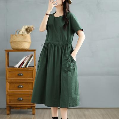 DIMANAF New 2025 Plus Size Summer Dress Women Basic Solid Casual Short Sleeve Dress Loose Pockets