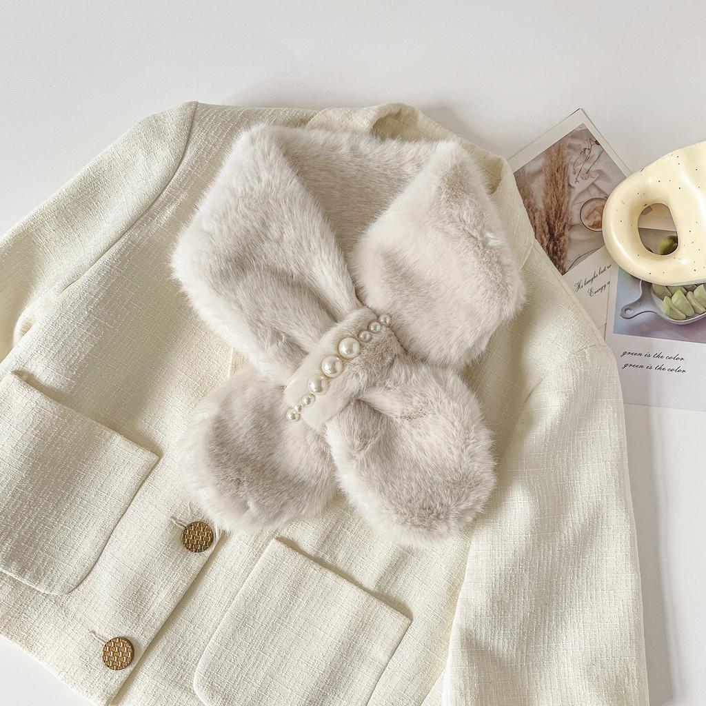 Furry Scarf for Women, Korean Style Pearl Plush Neck Scarf, Faux Rabbit Fur Thickened Cross-faux Fur, New Autumn/winter Scarf