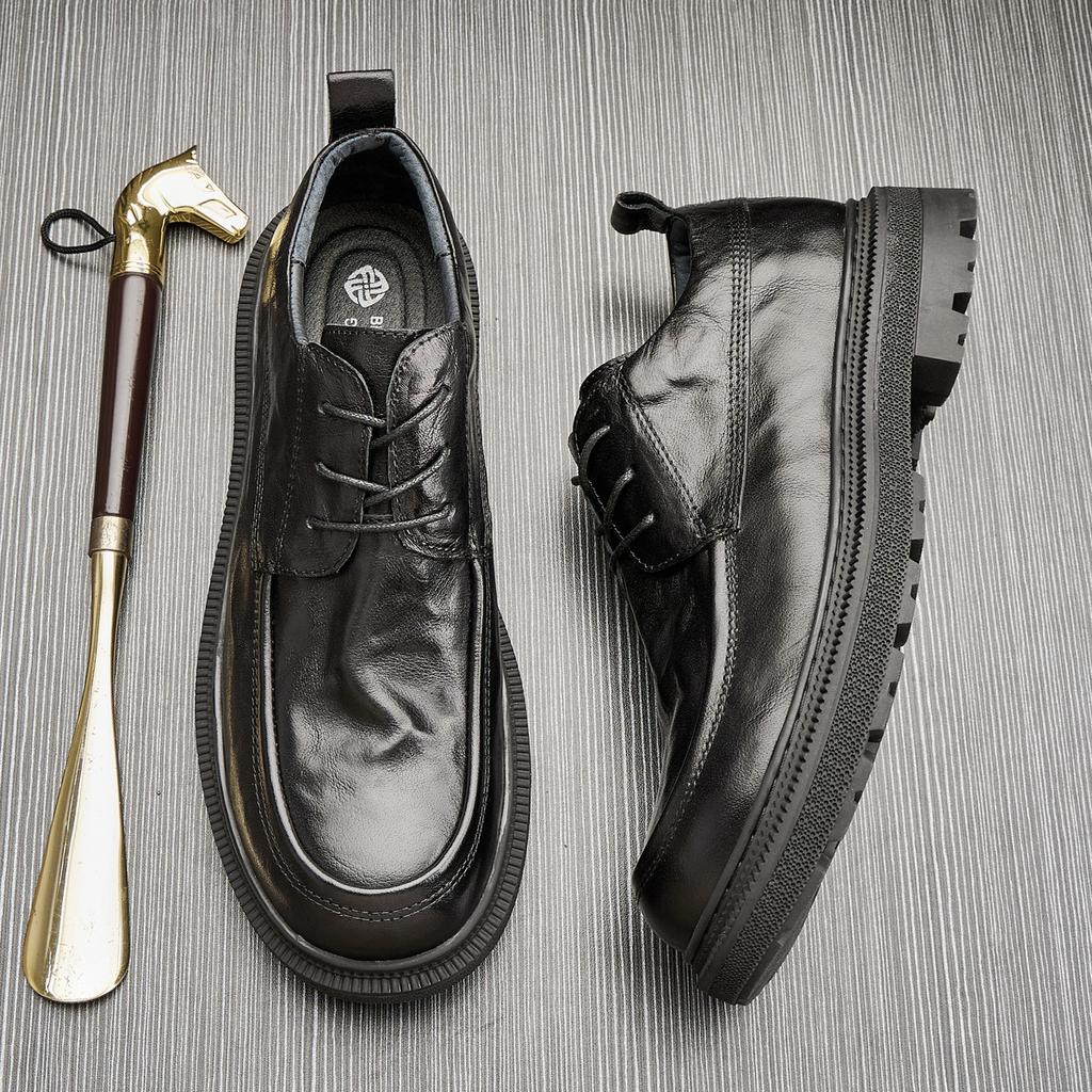 Herrenschuhe Leder Runde Spitze Atmungsaktiv Britisch Lässige Lederschuhe Business Schnürschuhe Plateau Weiches Leder Blau Trend Einzelne Schuhe